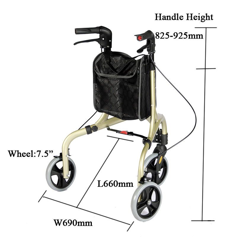 Medizinische 3 Räder Rollator Aluminium Petite Rollator 115 kg Kapazität TRB01, Champagner