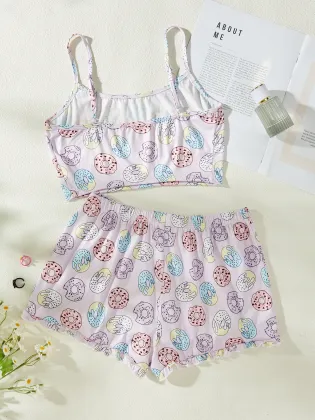 Polyester Cartoon Pajamas Set for Young Girls