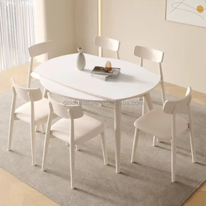 Creamy Style White Sintered Stone Dining Table Set - Telescoping Retractable Home Restaurant Hotel Folding Round Table Set