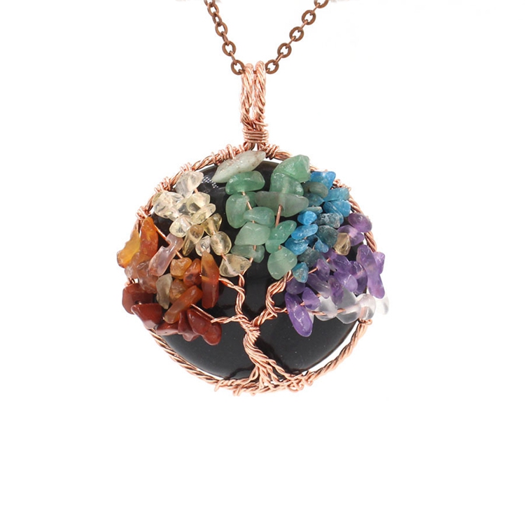 Collar con colgante redondo de cristal curativo con piedras preciosas naturales envueltas en alambre de árbol de la vida