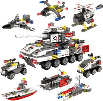 Flytec City War Tank 8-in-1 Building Blocks Set: A Comprehensive Toy for Kids Featuring Army Vehicles, Helicopters, Airplanes, and Boats