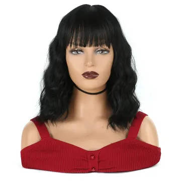 Natural Black Short Wig with Bangs Water Wave Natural Bob Wigs Heat Resistant False Hair Synthetic Wigs for Women