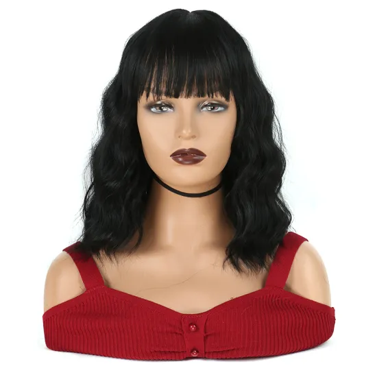 Natural Black Short Wig with Bangs Water Wave Natural Bob Wigs Heat Resistant False Hair Synthetic Wigs for Women
