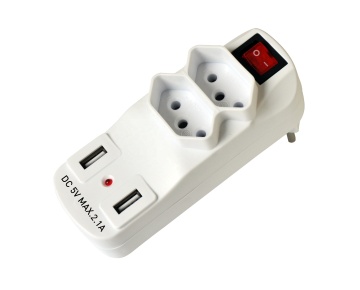 Multi-Function Power Adapter with 2 Outputs (2P+T 10A, 2P+T 250V~), Switched Design and Dual USB Ports (5V 2.1A)