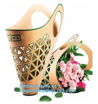 popular cheap hollow-out printing paper flower sleeve, brown paper flower carrier bags, OEM Ribbon Satin Handle Carrier Bag