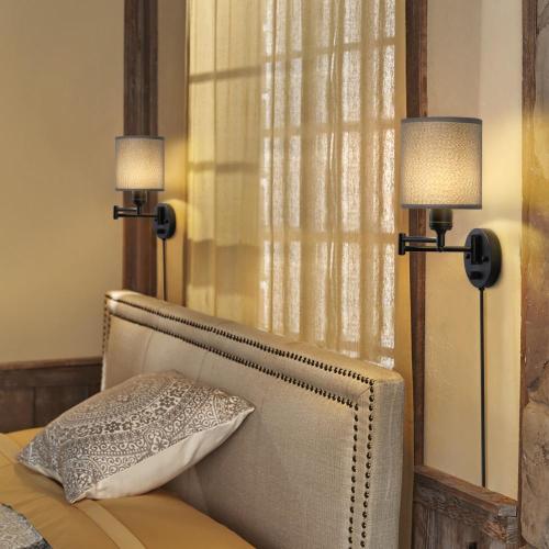 Swing Arm Wall Lamps with Grey Linen Lampshade