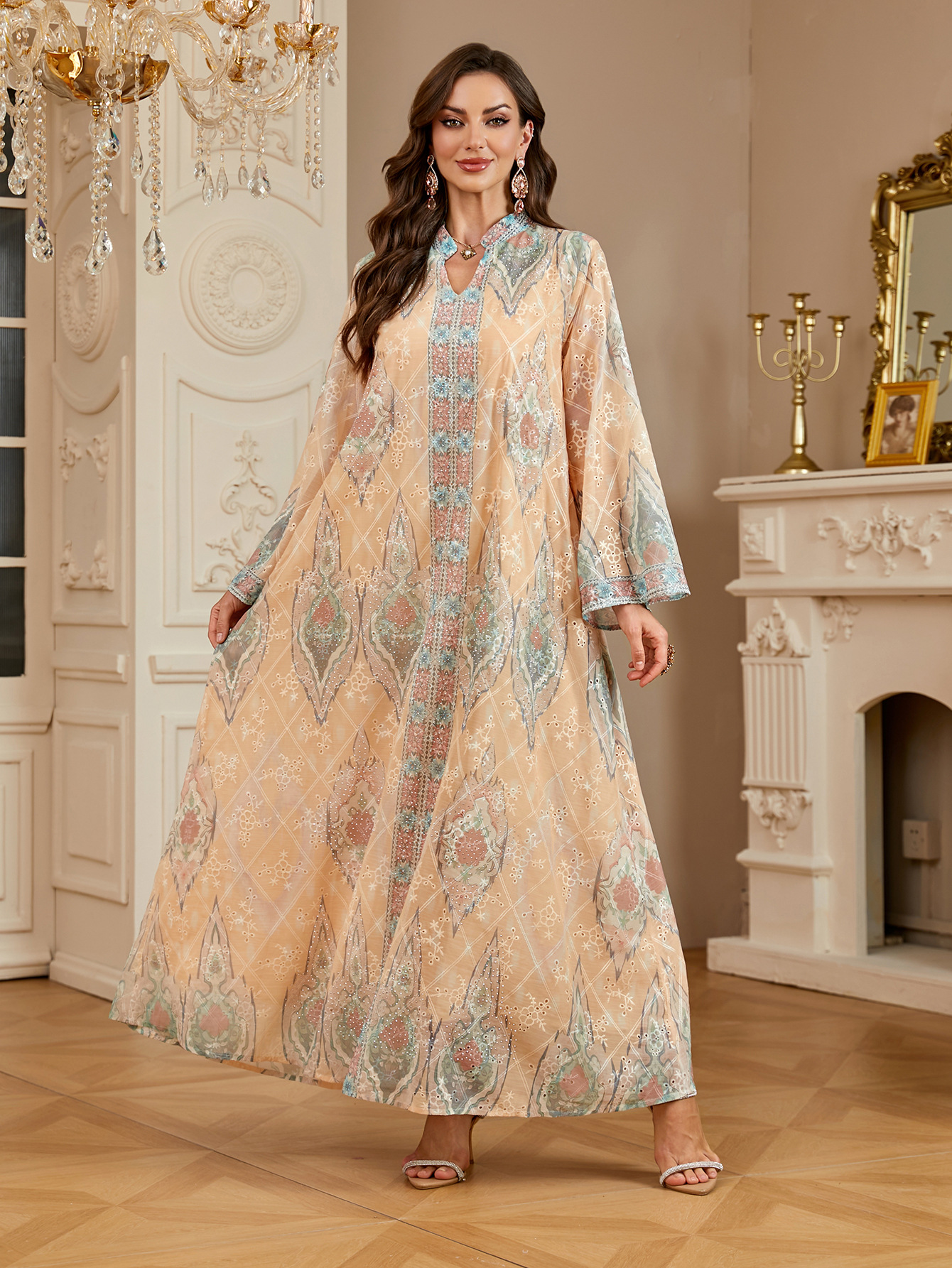 Floral Printed Kaftan Abaya Dress Front View