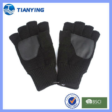 men acrylic knitted half fingers with leather in palm