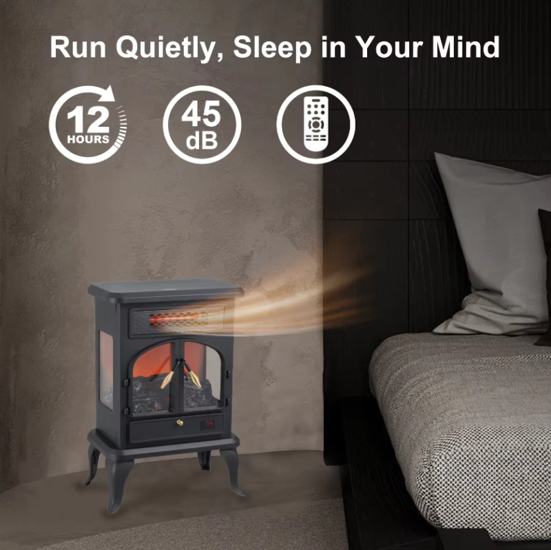 Electric Stove Heater 1400W Freestanding Fireplace With Wood Stove Flame Effect - Two Doors