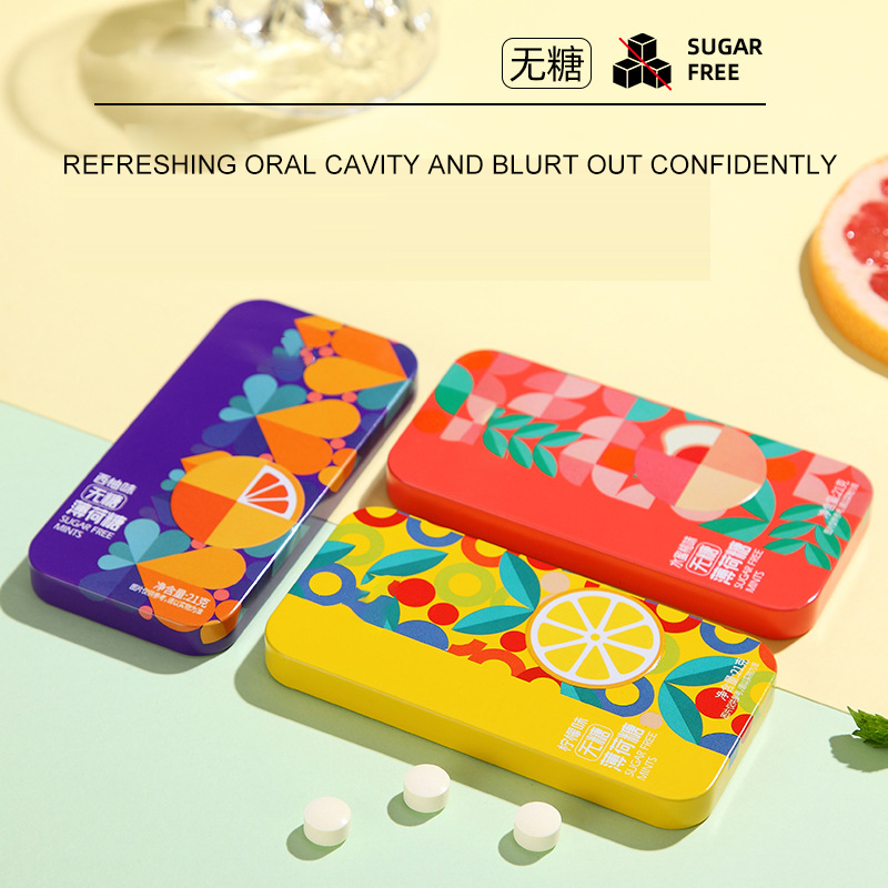 OEM ODM Vegan Fruit Flavor Fresh Breath Tin Box Hard Candy Sugar Free Vitamin C Sea Salt Mint Candy