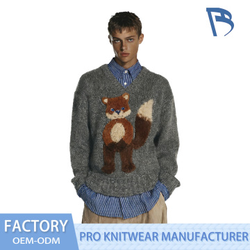 Sweater Rajut V-Neck Applique Fluffy Fox