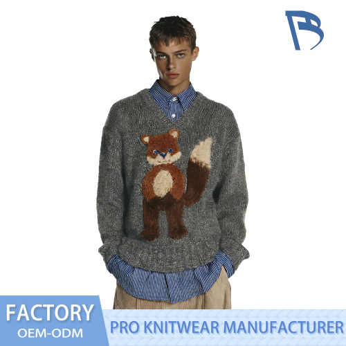 Áo len dệt kim cổ chữ V Fluffy Fox Applique