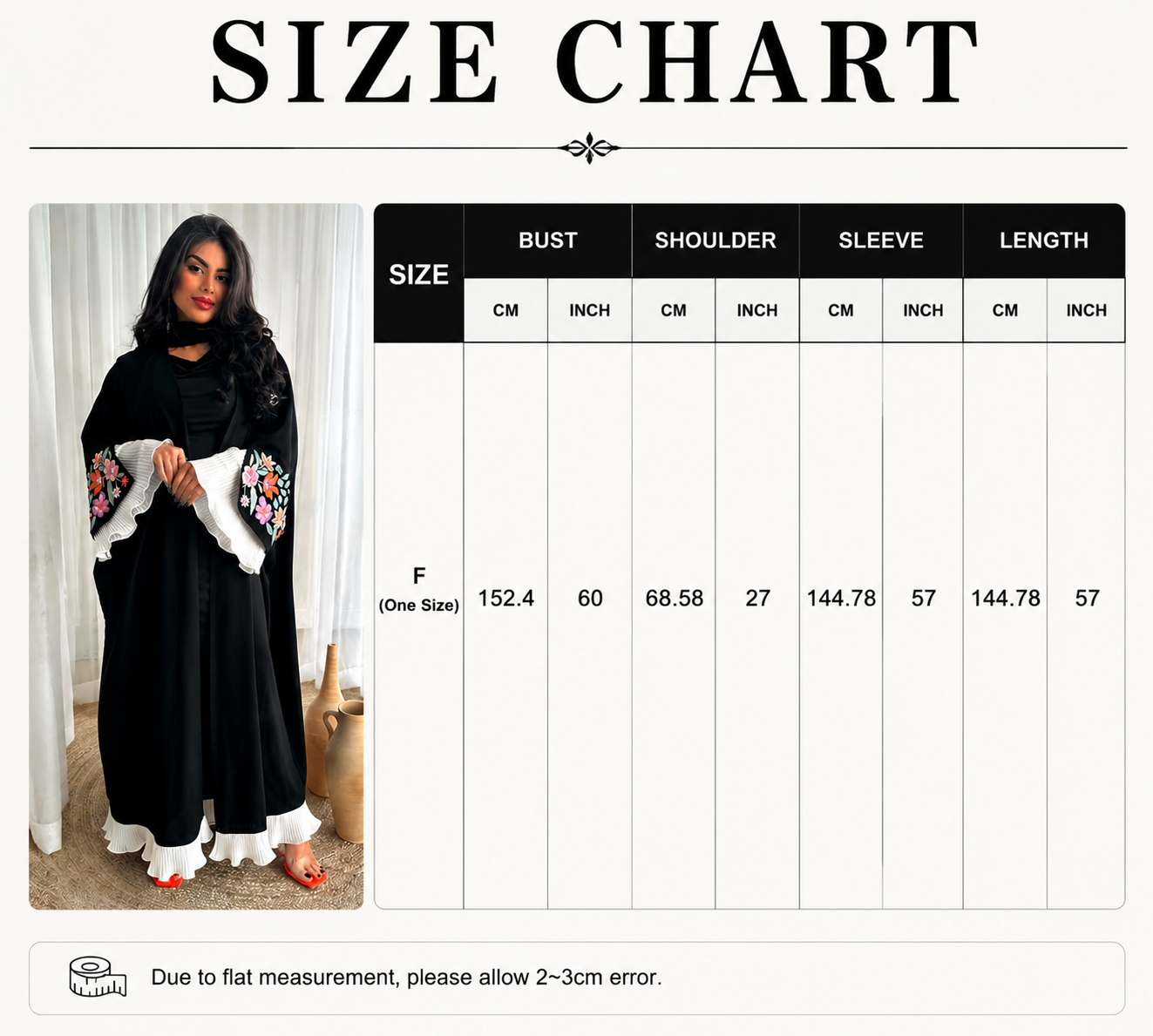 Black Crepe Open Abaya Embroidered Sleeve Front View