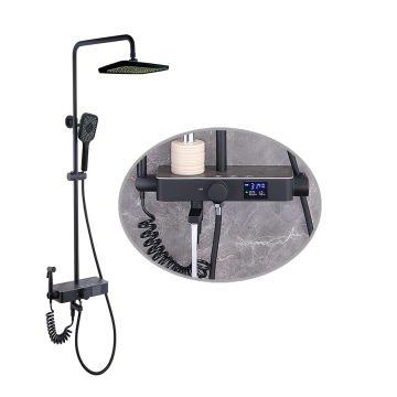 Fungsi 4-arah yang dipasang di dinding berkualitas tinggi Termostatik LED Black Shower Faucet Mixer Set