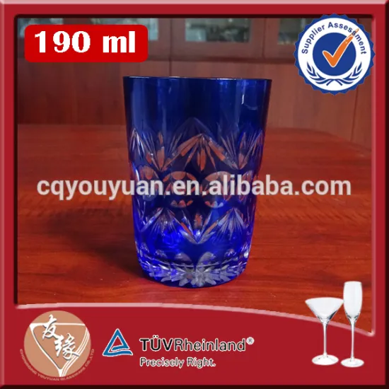 handmade engraved small round blue glass cup 6.7oz