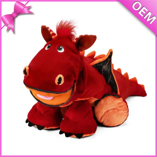 Cute Red Plush Dragon Zip Closed & Open Mouth Stuffed Dragon Toy
