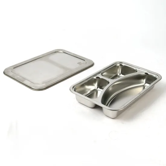 Lunch Box 3 Case Rectangular Divided Food Tray Stainless Steel Dinner Plate