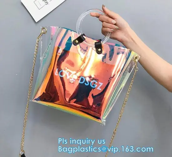 fashion women's handbag tote bag with zipper shopping bag ladies handbag shiny durable clear PVC lady bag with pouch