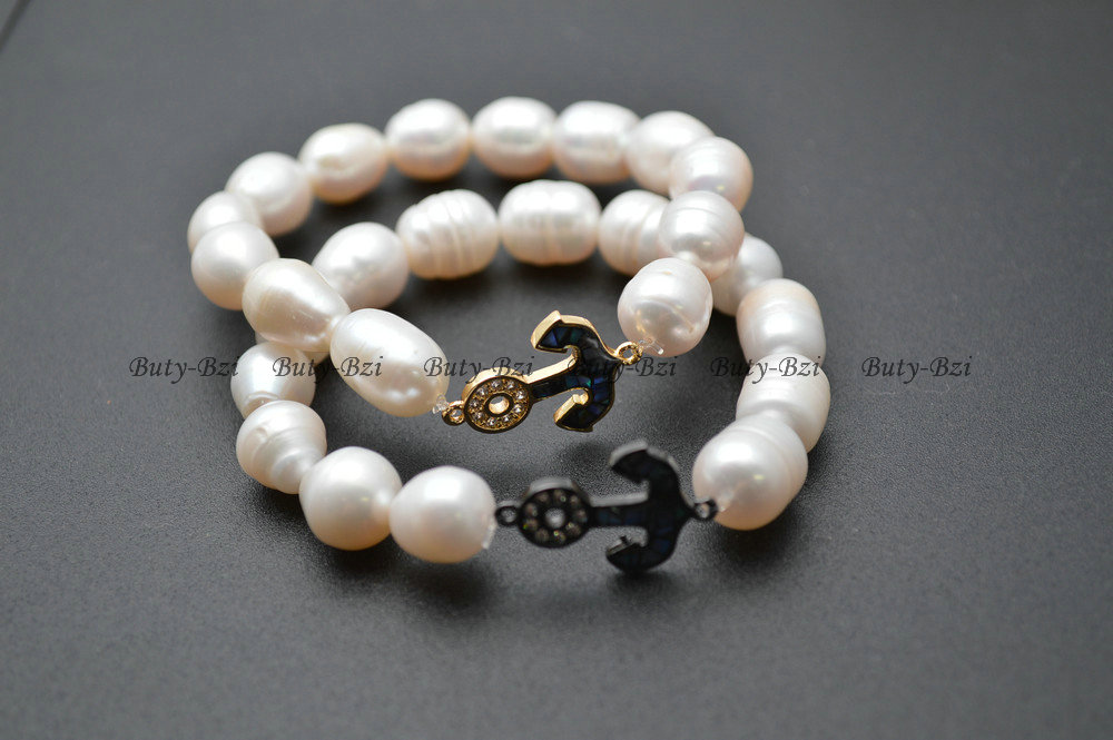 Paved CZ and Abalone Shell Metal Anchor Charm Natural Fresh Water Pearl Potato Beads Stretch Bracelets Fashion Jewelry Gift