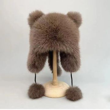Women's Cute Faux Fur Raccoon Plush Bear Ear Knitted Beanie - Warm Winter Hat