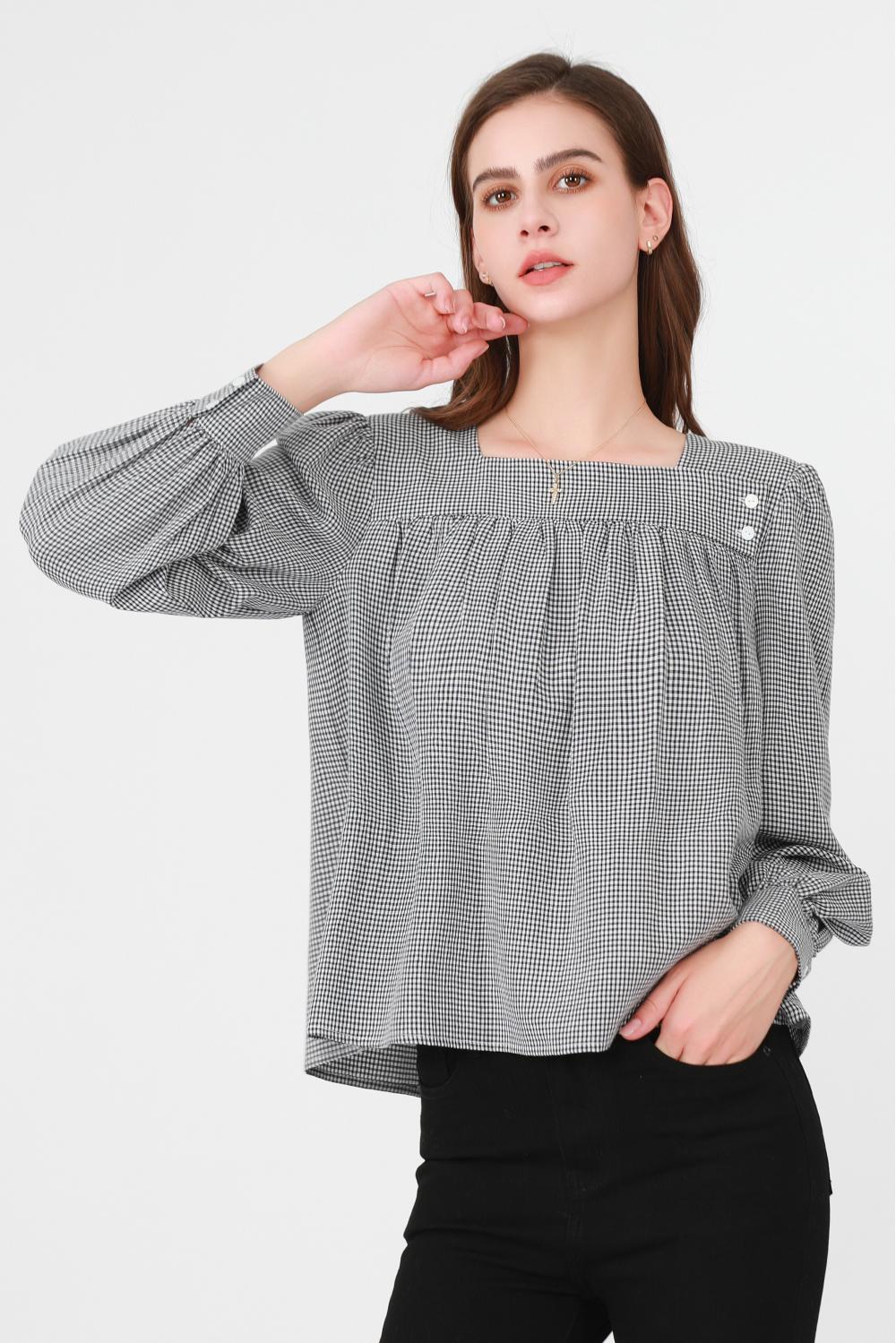 Collared Bubble Sleeve Pleated 격자 무늬 상단