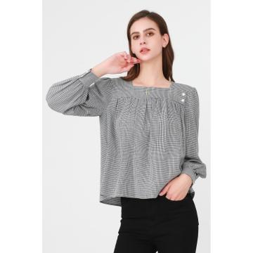 Collared Bubble Sleeve Pleated 격자 무늬 상단