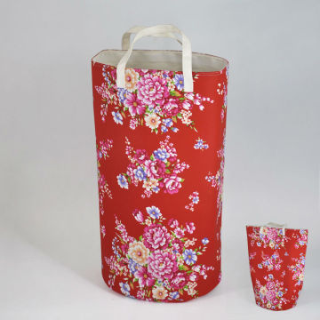 Flower Design red fabric hanging laundry basket