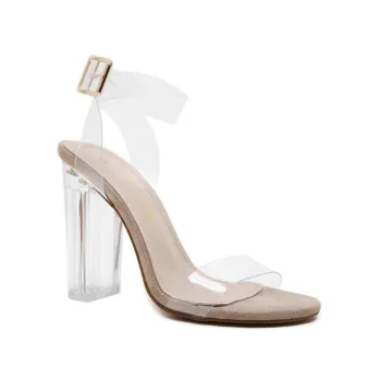 Women's Clear Ankle Buckle Strap Block Heel Sandals
