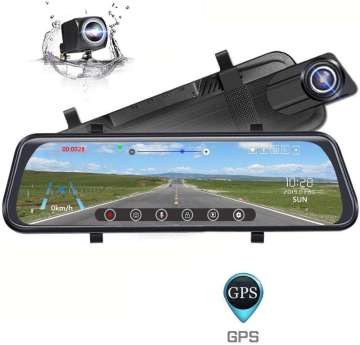 QSF 10-inch Mirror Dash Cam: Dual 1296P and 1080P Backup Camera System with G-Sensor Technology