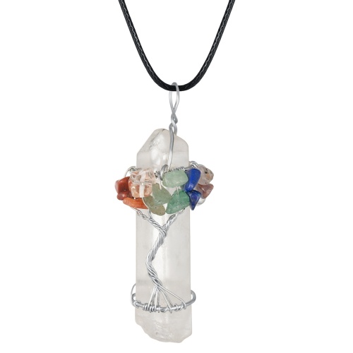 Chakra Gemstone Tree of Life Wire Wrapped Natural Clear Quartz Healing Crystal Point Pendant Necklace Mother's Day Gift