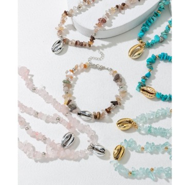 Wholesale Trendy Cowrie Shell Bracelet with Geometric Stone Pendant Necklace for Women