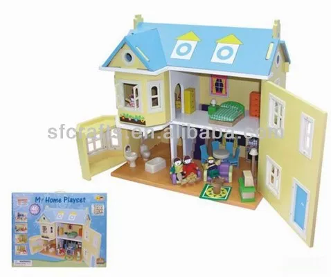 2014 new design wooden house with furniture and people family role game toys for kids