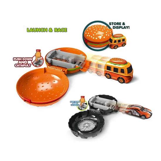 Creative Kids' Small Hamburg Bus Toy with Dollar Toys Racing Tire Storage and Ejection Feature