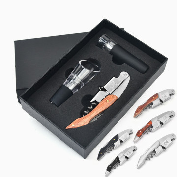 3-Pack Barware Gift Set: Wine Pourer, Vacuum Stopper, Waiter Multifunction Corkscrew Bottle Opener with Wooden Handle