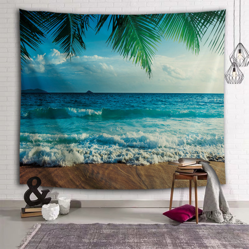 Sea Wave Blue Tapestry Palm Leaf Wall Hanging Beach Tropical Style Tapestry for Bedroom Home Dorm Decor