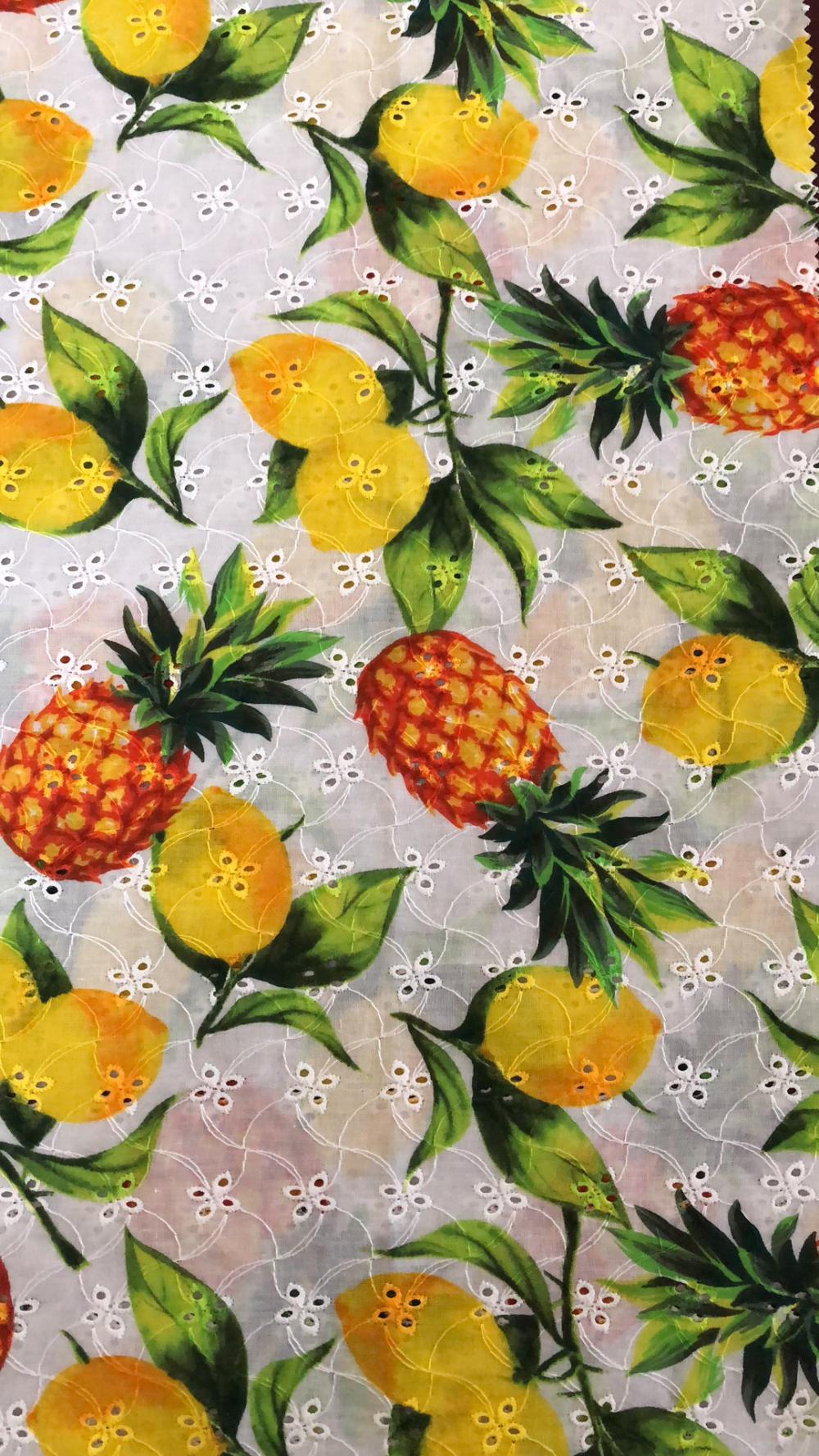 Pineapple and lemon Cotton Embroider Fabric