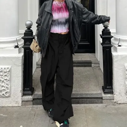 Street High Quality Nylon High Waisted Wide Leg Cargo Elastic Pants Women OEM