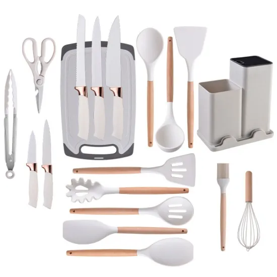 High-Quality Silica Gel Kitchenware Set: 19-Piece Spatula, Spoon, Knife Set with Wooden Handles - Perfect for High-Temperature and Non-Stick Cooking