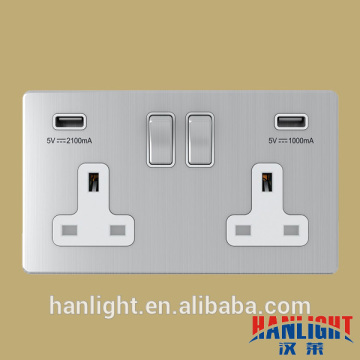 UK Type 13A Double USB Stainless Wall Switched Socket
