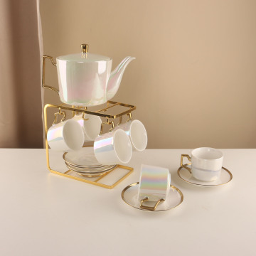 Ceramic Tea Set with Electroplated Gold and Pearl Accents with Stand