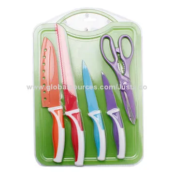 6-piece PP Cover Colorful Non-stick Coating Kitchen Knife Set, 4.0mm Chopping Board