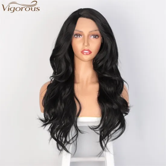 Vigorous Lace Frontal Long Body Wavy Synthetic Wigs For Women Side Part Black Heat Resistant Fiber Wholesale Price