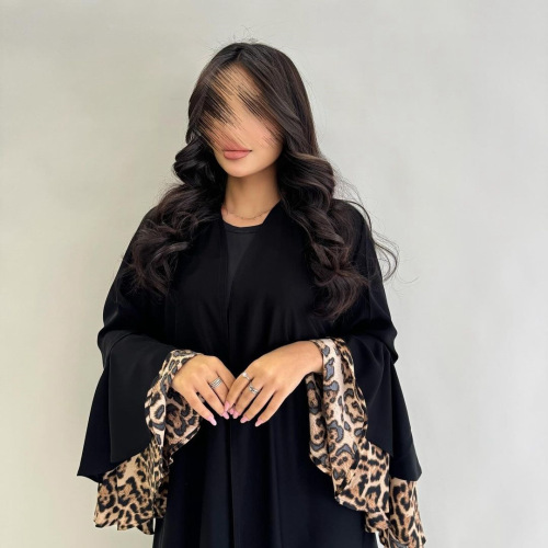 Siyah Leopar Fırfır Kol Açık Kimono Abaya