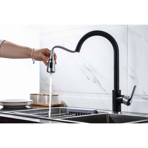 Deck-Mount 3-Function Black Chrome Pull Down Kitchen Faucet