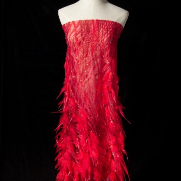 Super Beautiful Nigeria Red Feather Tassels Mesh Red Sequin Lace Fabric - Latest Arrival 2021