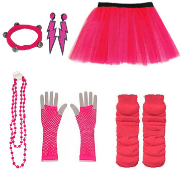 Neon Pink Retro 80s Cosplay Costume Set with Necklace and Gloves