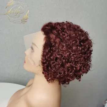 99J Burgundy Pixie Cut Wig,1B/27 Short Curly Human Hair Wigs, Cheap Human Hair Wig Under $26 13X1 Transparent Lace Wig For Women