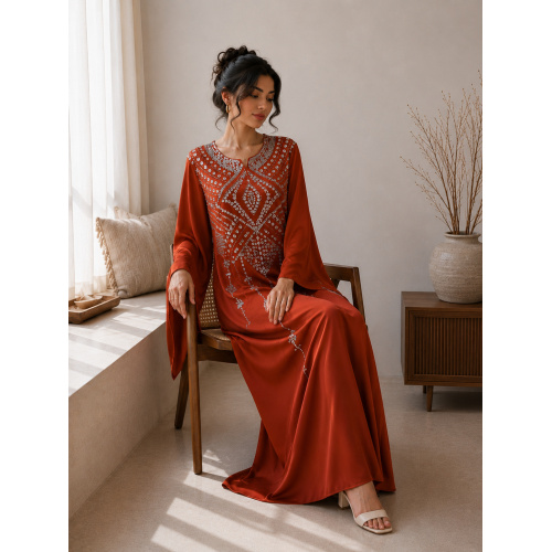 منجوق نارنجی قرمز ساتن دو نفره Kaftan Abaya