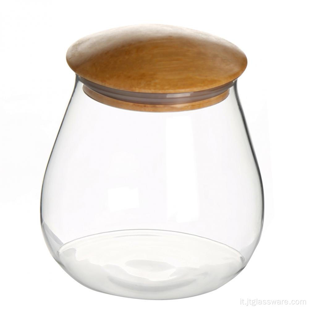 Contenitore ermetico a cilindro in vetro con coperchio in legno
