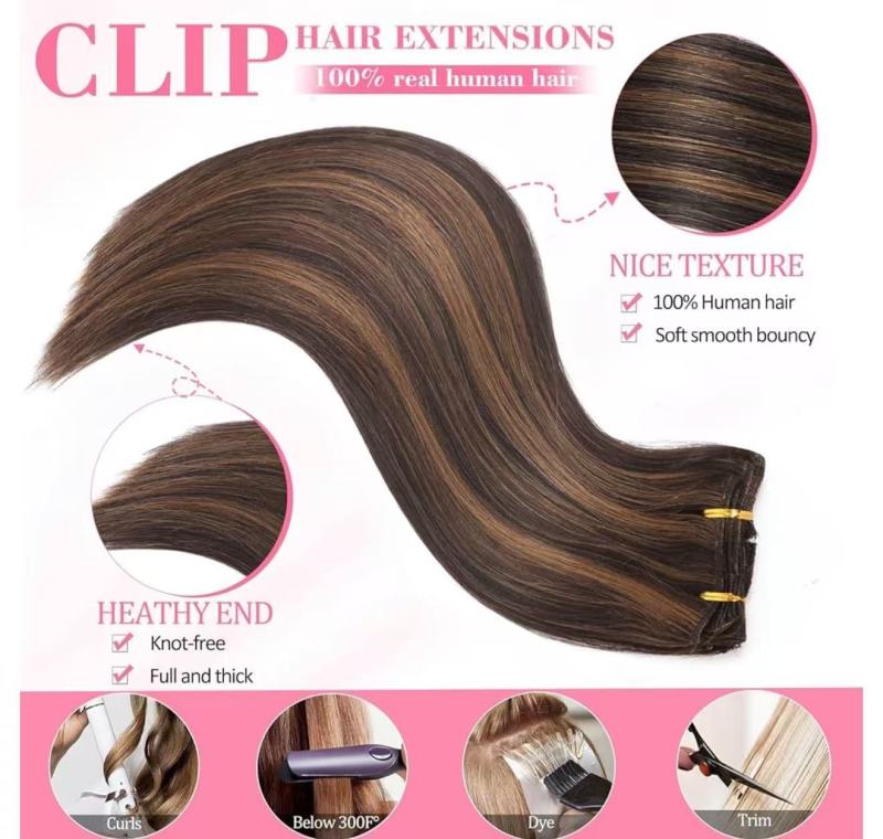 Body wave clip-ins Balayage Dark Brown Human Hair 16 Inch 90g for women